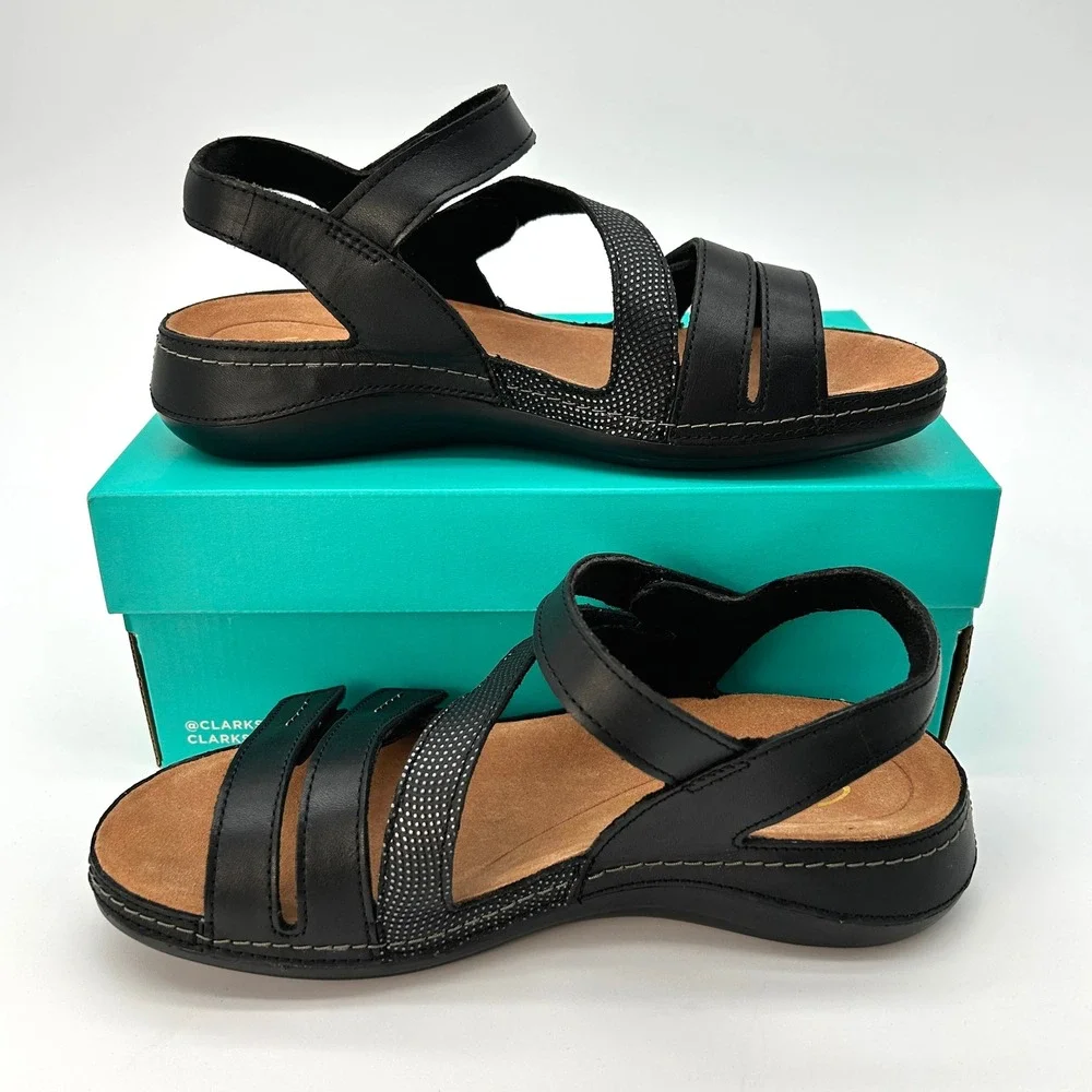 Womens Sandals Clarks Cecily Mix Size 6.5 Wide Black Leather Strappy Comfort NEW